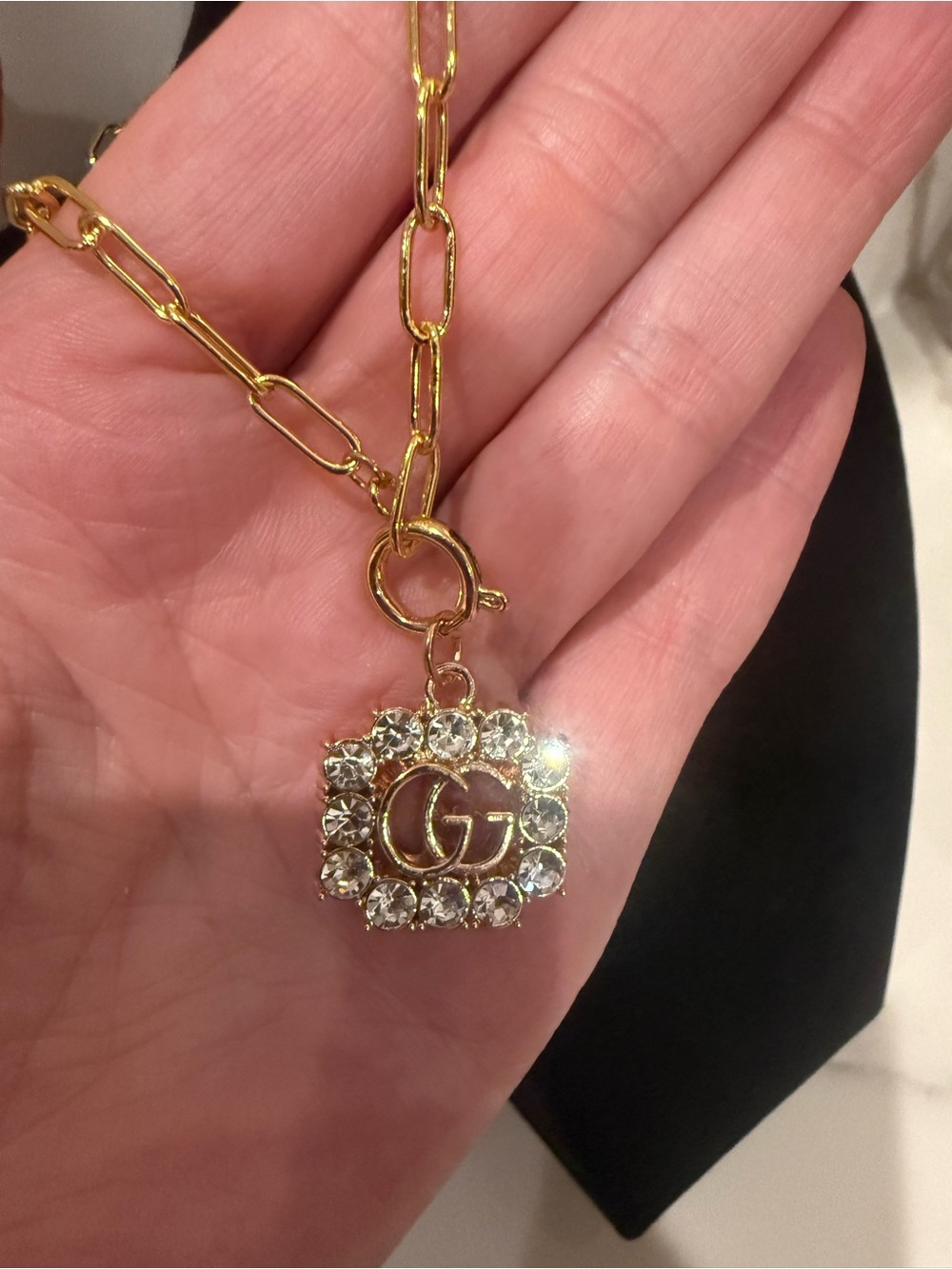 Upcycled Gucci Gold Crystal GG Charm Pendant Necklace - Picture 3 of 12